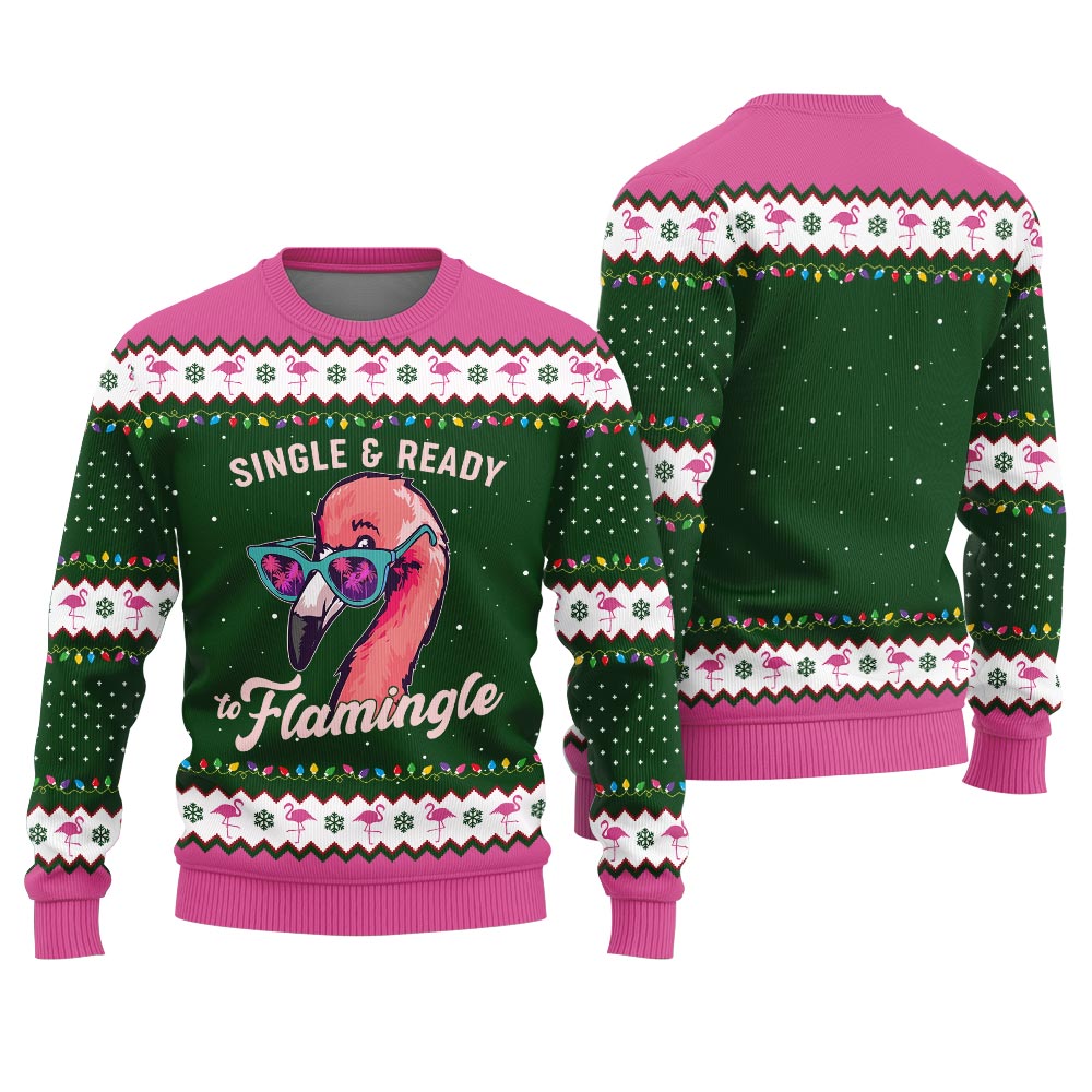Single And Ready To Mingle Ugly Christmas Sweater With Flamingos