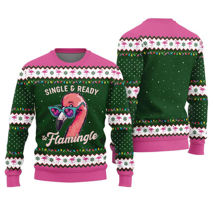 Single And Ready To Mingle Ugly Christmas Sweater With Flamingos