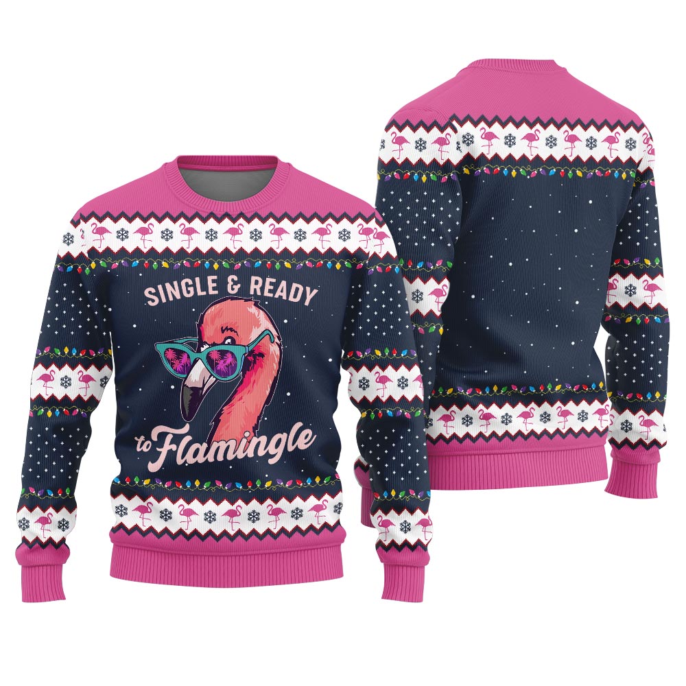 Single And Ready To Mingle Ugly Christmas Sweater With Flamingos