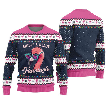 Single And Ready To Mingle Ugly Christmas Sweater With Flamingos