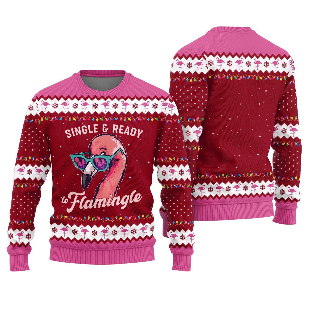 Single And Ready To Mingle Ugly Christmas Sweater With Flamingos