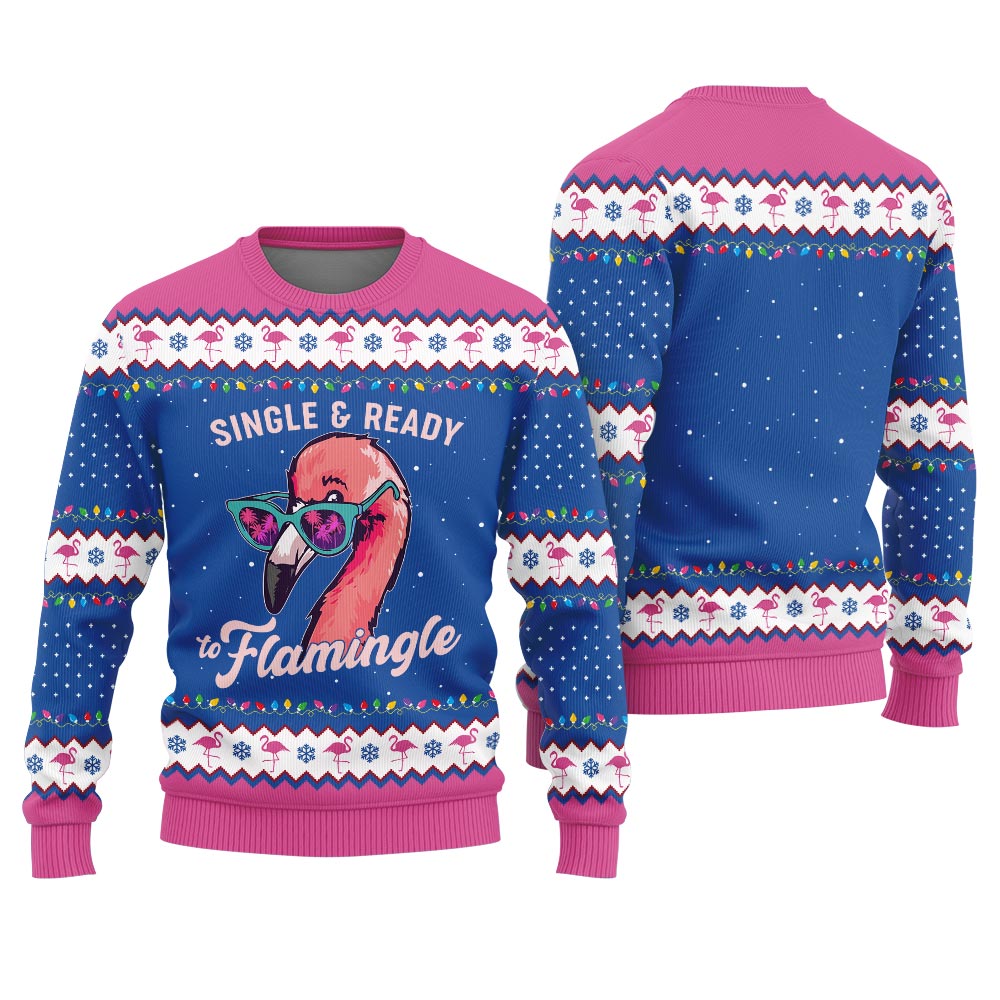 Single And Ready To Mingle Ugly Christmas Sweater With Flamingos
