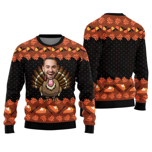 Custom Face Turkey Thanksgiving Sweater Black