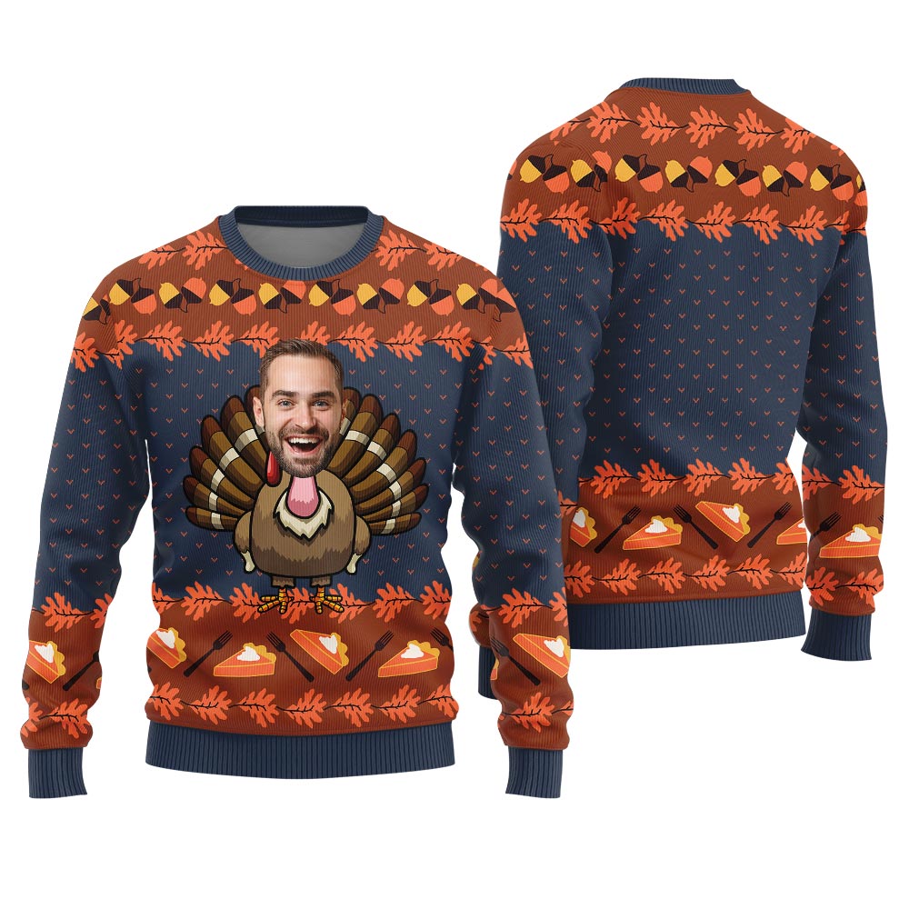 Thanksgiving Day Sweater Custom Face Turkey Navy