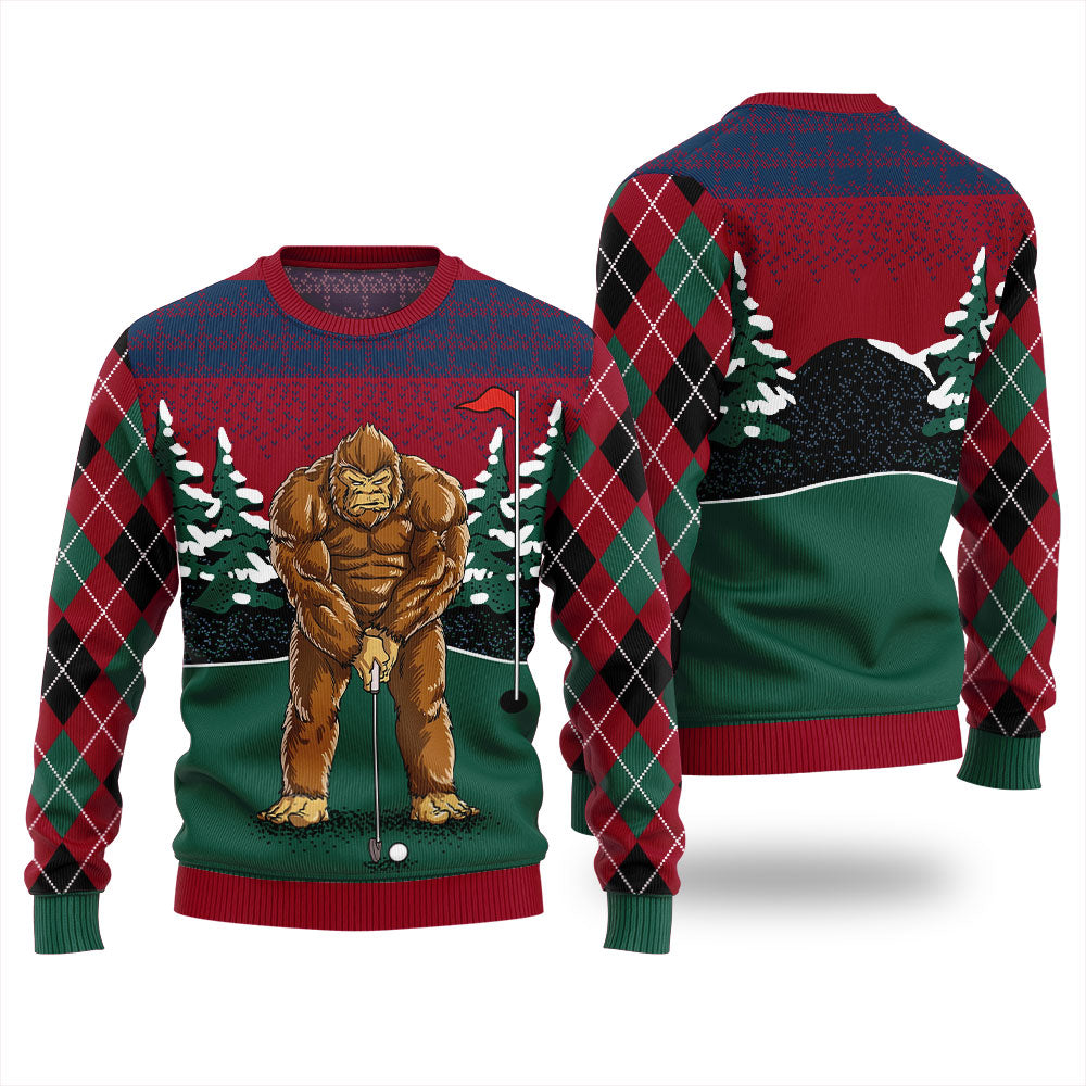 Bigfoot Golfing Ugly Christmas Sweater