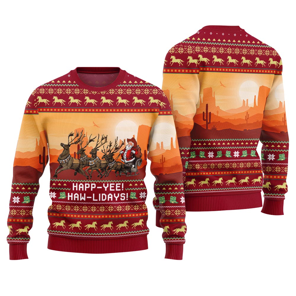 Amazing Cowboy Santa Claus Ugly Christmas Sweater Happ Yee Haw LiDays Red