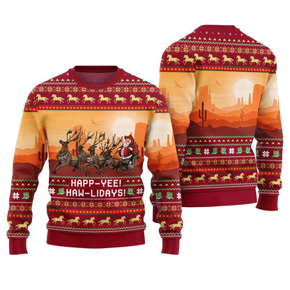 Amazing Cowboy Santa Claus Ugly Christmas Sweater Happ Yee Haw LiDays Red