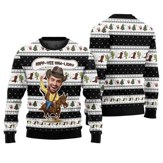 Personalized Face Western Christmas Black Sweater Happ Yee Haw Liday
