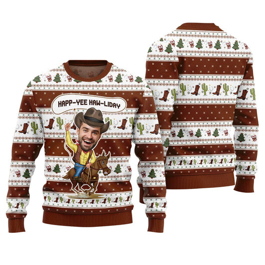 Happ Yee Haw Liday Personalized Face Western Christmas Brown Sweater