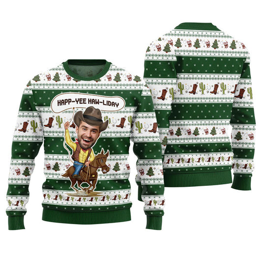 Personalized Face Happ Yee Haw Liday Western Christmas Green Sweater