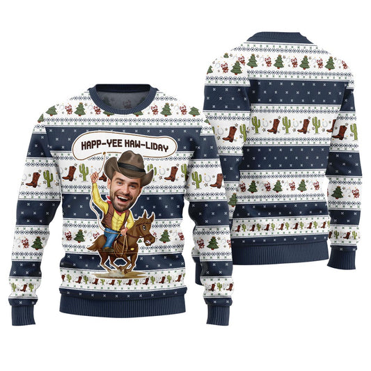 Happ Yee Haw Liday Personalized Face Cowboy Ugly Navy Sweater