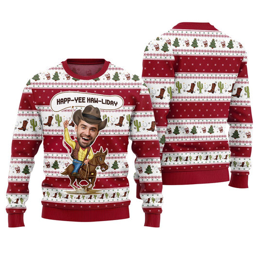 Happ Yee Haw Liday Custom Face Cowboy Ugly Christmas Red Sweater