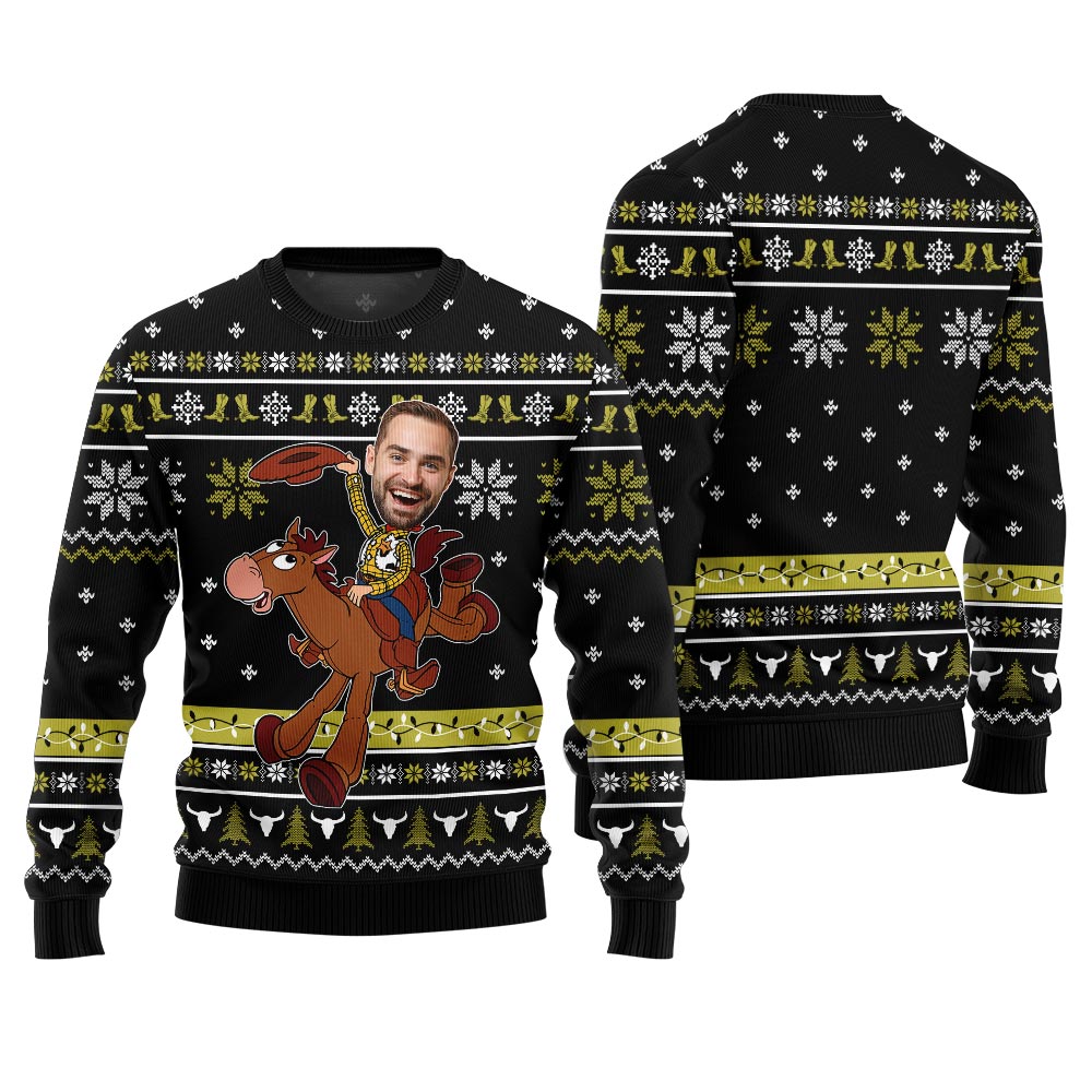 Funny Cowboy Ugly Christmas Sweater Custom Face Black