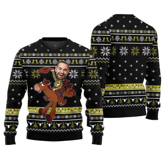 Funny Cowboy Ugly Christmas Sweater Custom Face Black