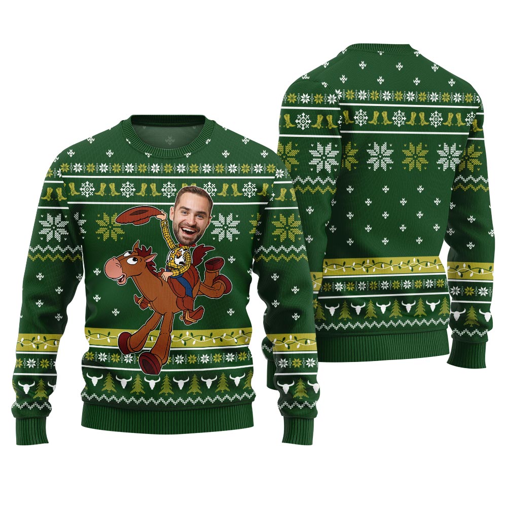 Unique Cowboy Ugly Christmas Sweater Custom Face Green