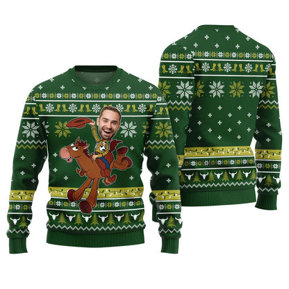Unique Cowboy Ugly Christmas Sweater Custom Face Green