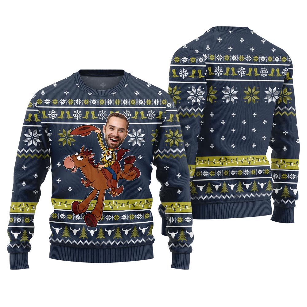 Hilarious Cowboy Ugly Christmas Sweater Custom Face Navy