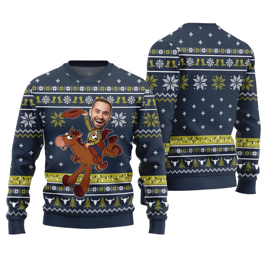Hilarious Cowboy Ugly Christmas Sweater Custom Face Navy
