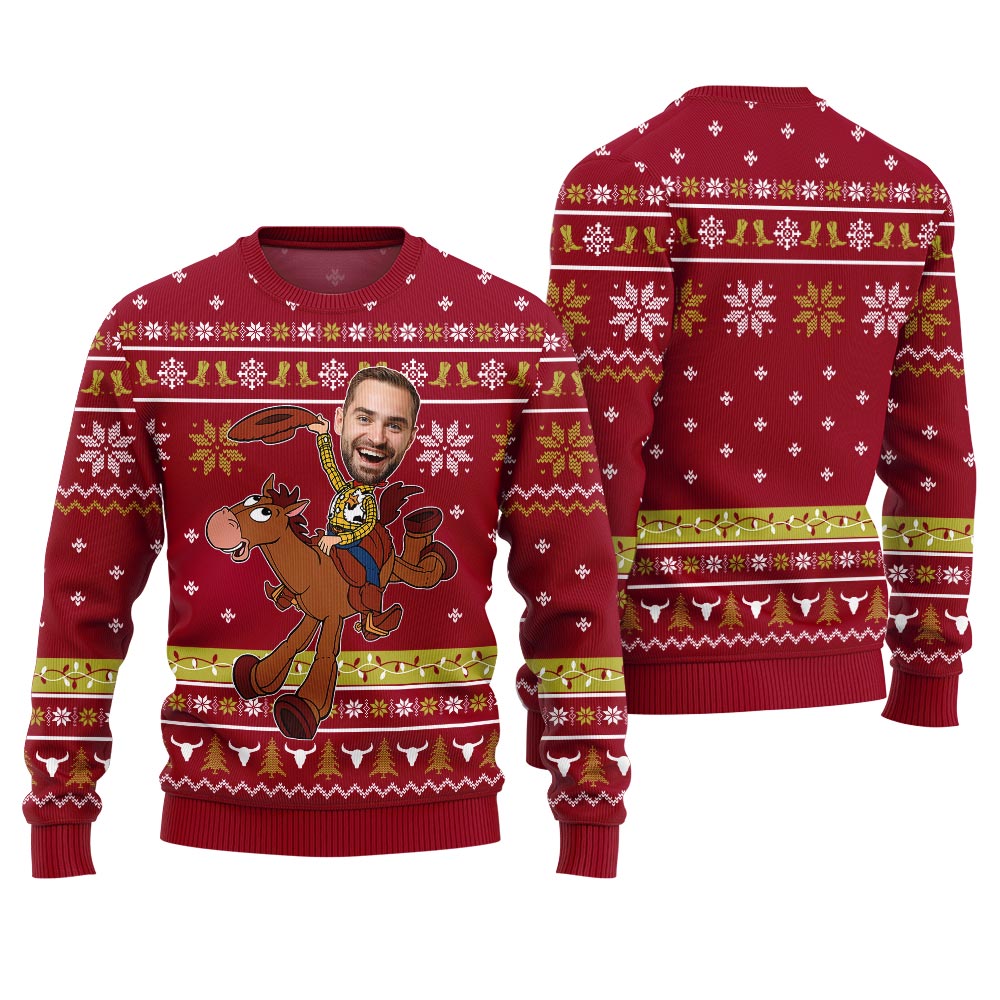 Cowboy Ugly Christmas Sweater Custom Face Red