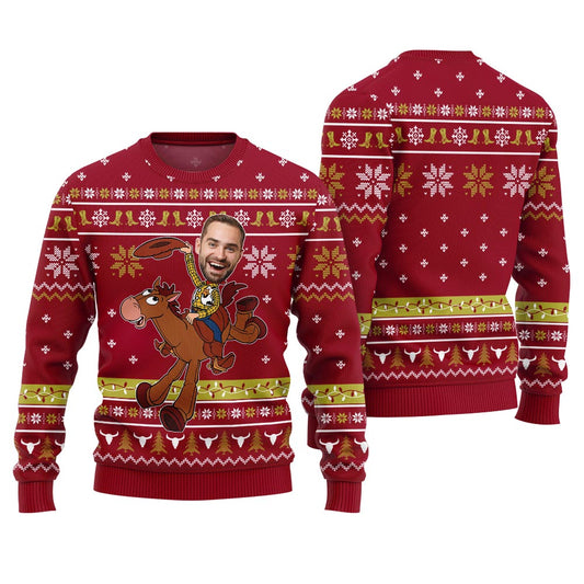 Cowboy Ugly Christmas Sweater Custom Face Red