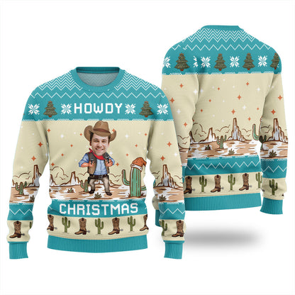 Western Ugly Christmas Sweater Howdy Christmas Custom Your Face Blue