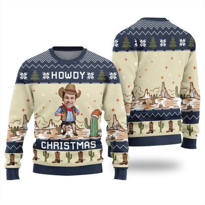 Funny Custom Cowboy Ugly Christmas Sweaters Howdy Christmas Navy
