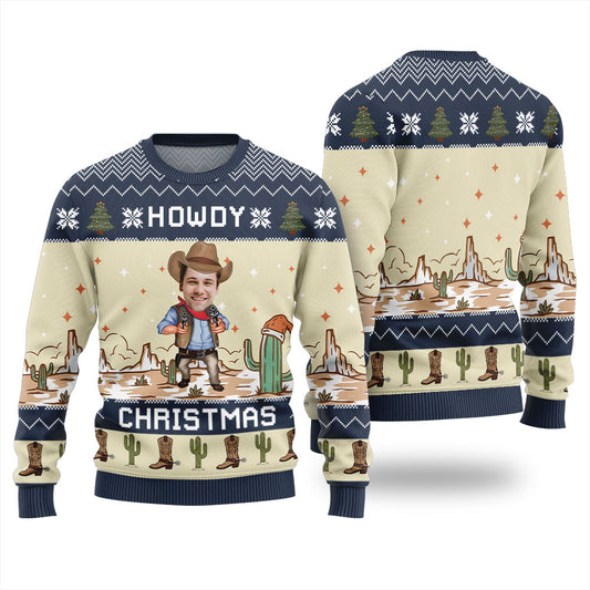 Funny Custom Cowboy Ugly Christmas Sweaters Howdy Christmas Navy