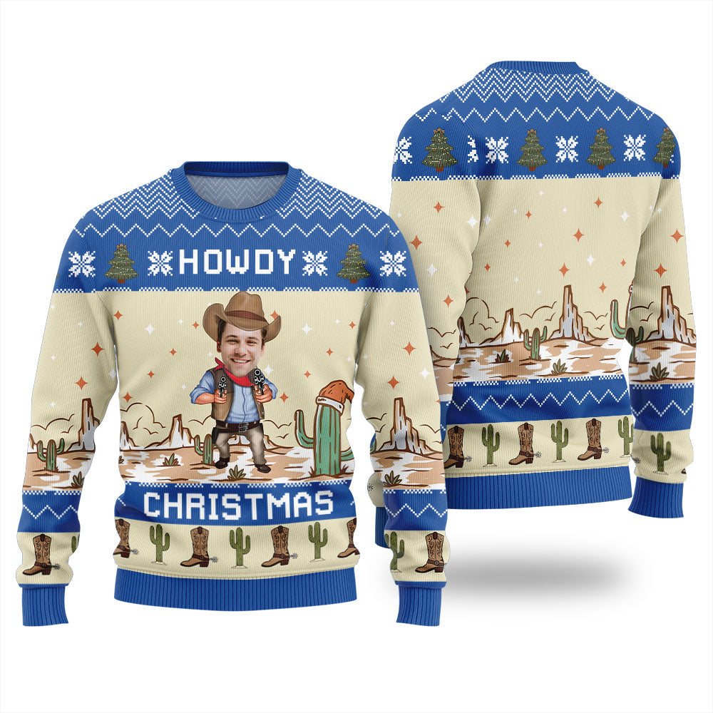Howdy Christmas Ugly Western Christmas Sweater Custom Face Royal