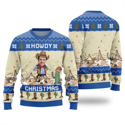 Howdy Christmas Ugly Western Christmas Sweater Custom Face Royal