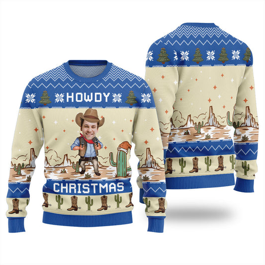 Howdy Christmas Ugly Western Christmas Sweater Custom Face Royal