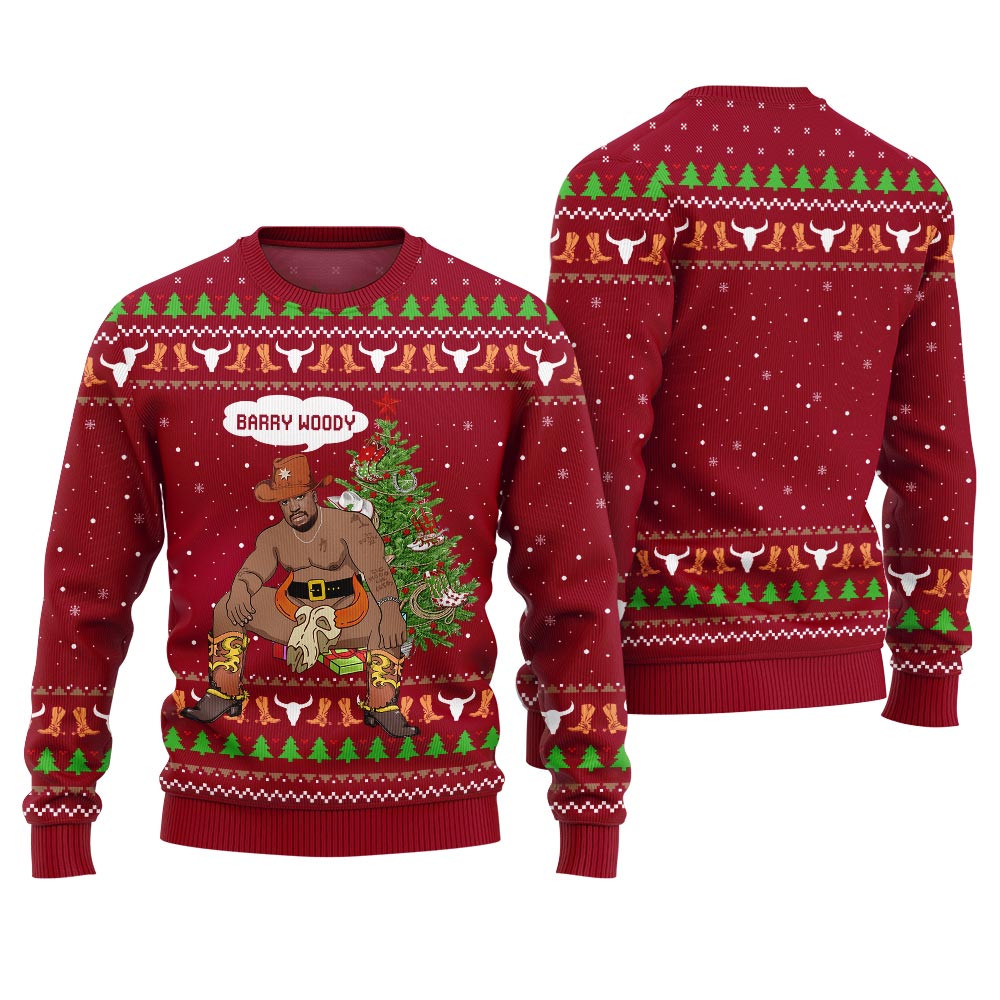 Funny Barry Woody Cowboy Western Christmas Sweater Red
