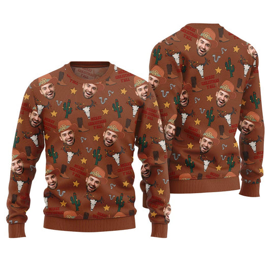 Personalized Face Funny Cowboy Christmas Sweaters For Adults