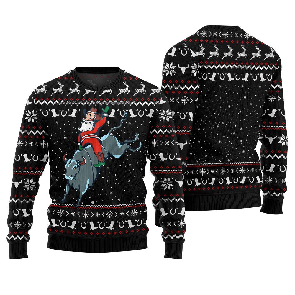 Funny Santa Rides A Bull Cowboy Christmas Sweater