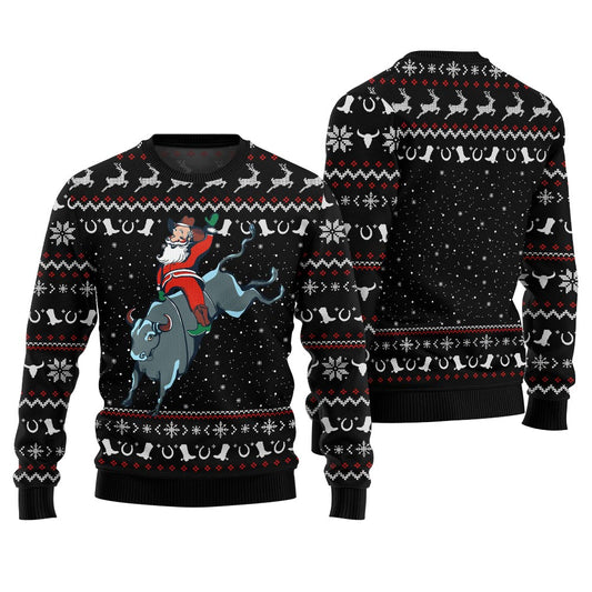 Funny Santa Rides A Bull Cowboy Christmas Sweater