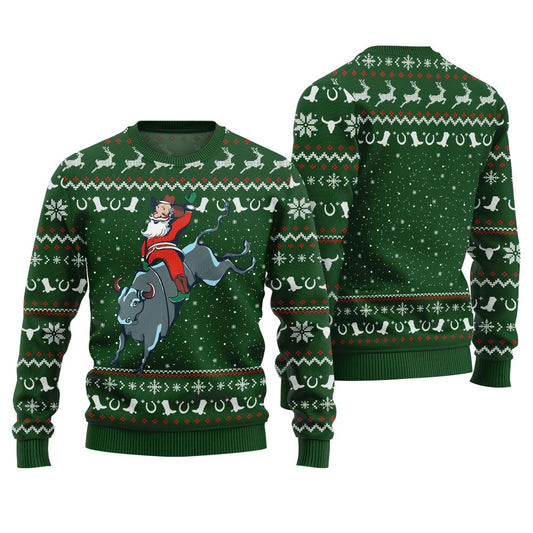 Funny Santa Rides A Bull Cowboy Season Christmas Green