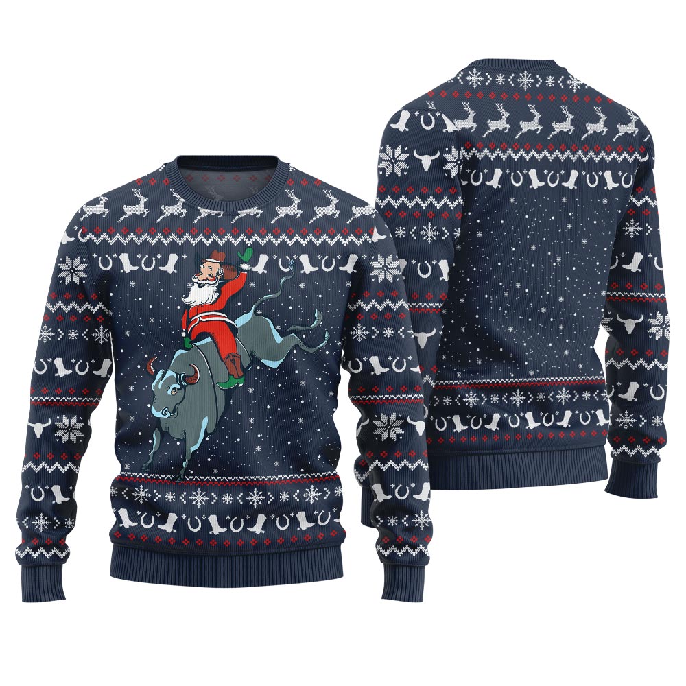 Santa Rides A Bull Pattern Ugly Sweater Navy
