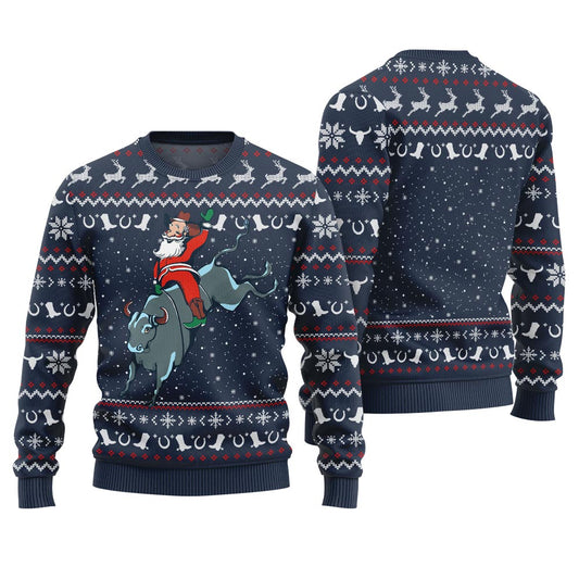 Santa Rides A Bull Pattern Ugly Sweater Navy