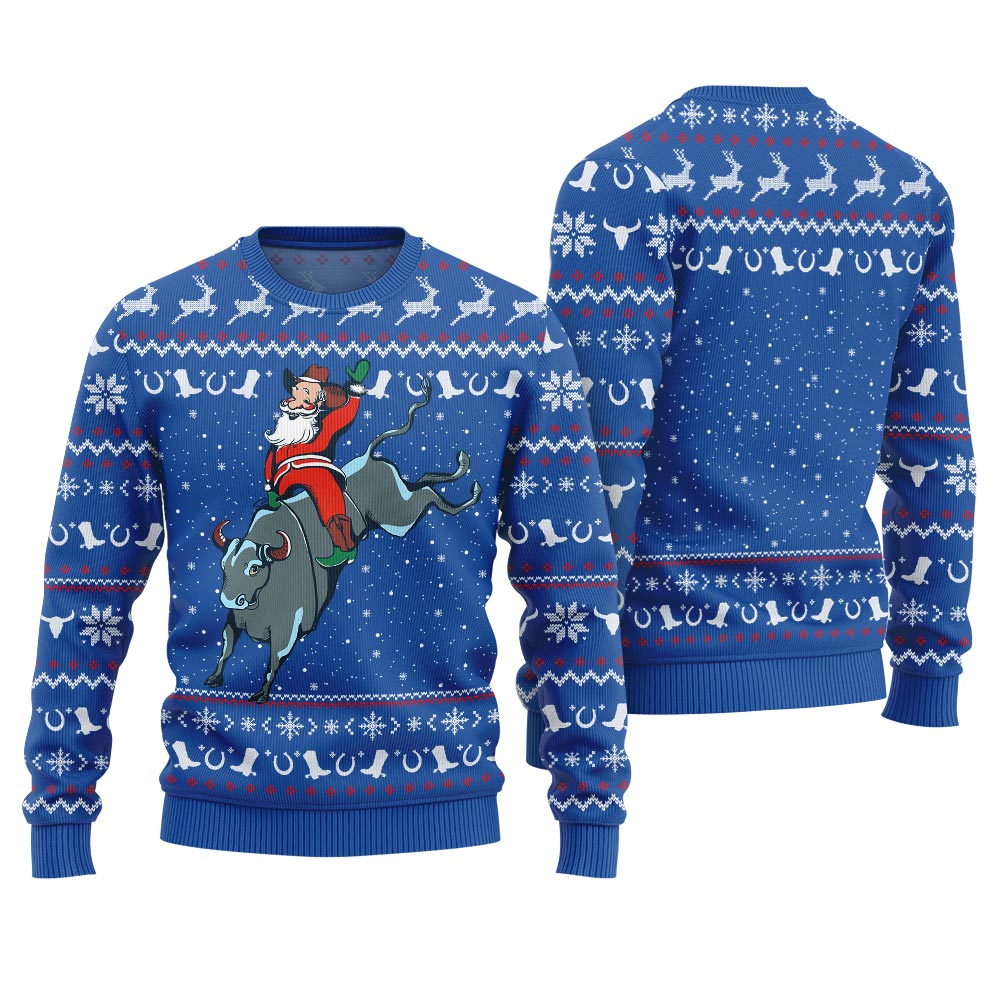 Amazing Cowboy Royal Ugly Christmas Sweater Santa Rides A Bull