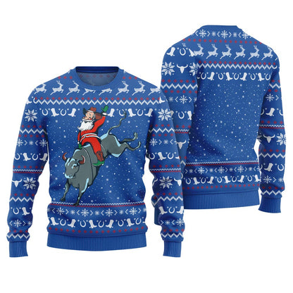 Amazing Cowboy Royal Ugly Christmas Sweater Santa Rides A Bull