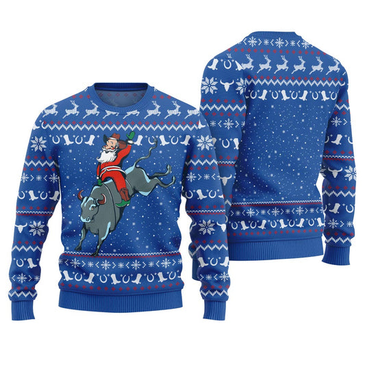 Amazing Cowboy Royal Ugly Christmas Sweater Santa Rides A Bull