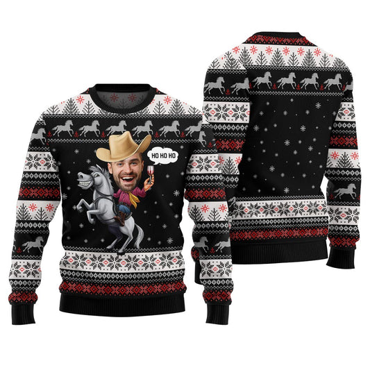 Western Cowboy Christmas Black Sweater Custom Face