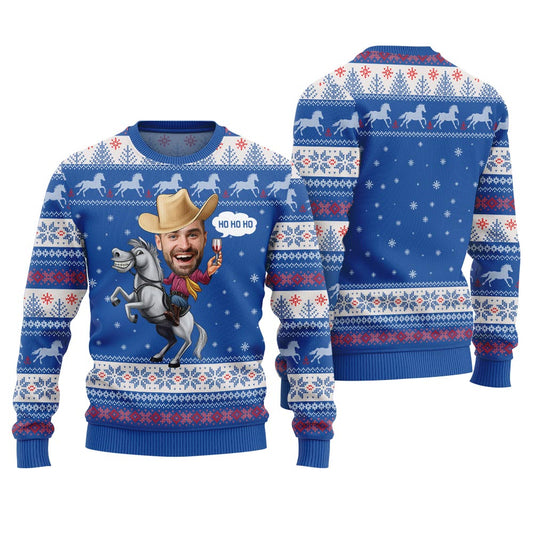 Personalized Face Cowboys Christmas Ugly Sweater Royal