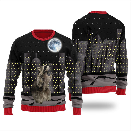 Raccoon Look At Moon Funny Christmas Sweater