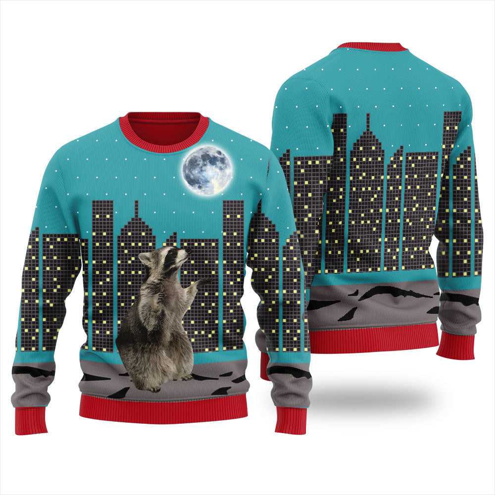 Raccoon Look At Moon Funny Christmas Sweater