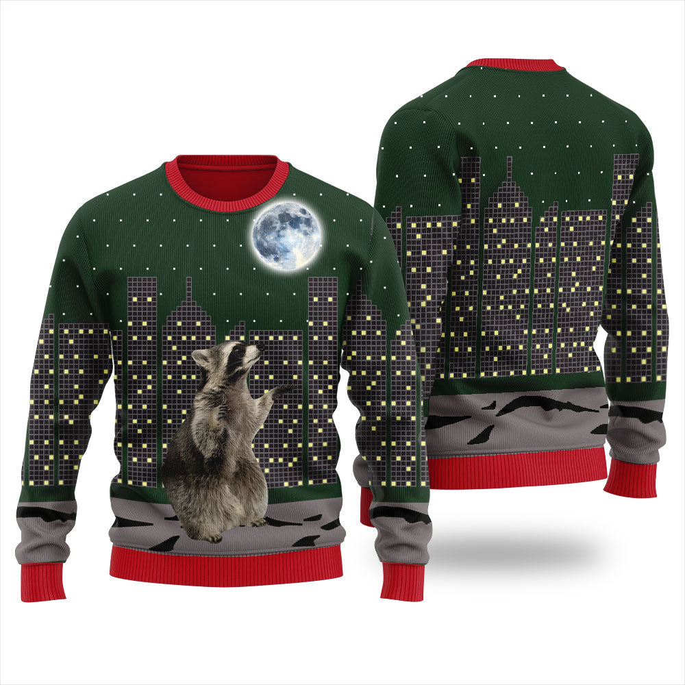 Raccoon Look At Moon Funny Christmas Sweater