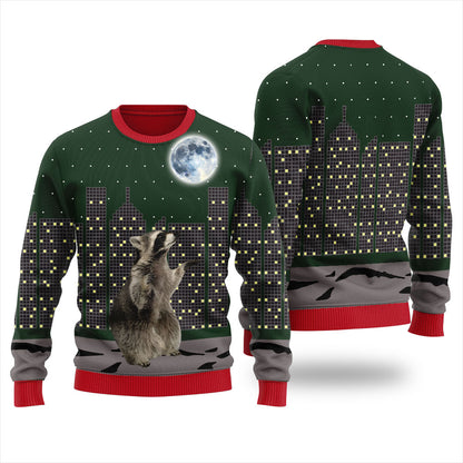 Raccoon Look At Moon Funny Christmas Sweater