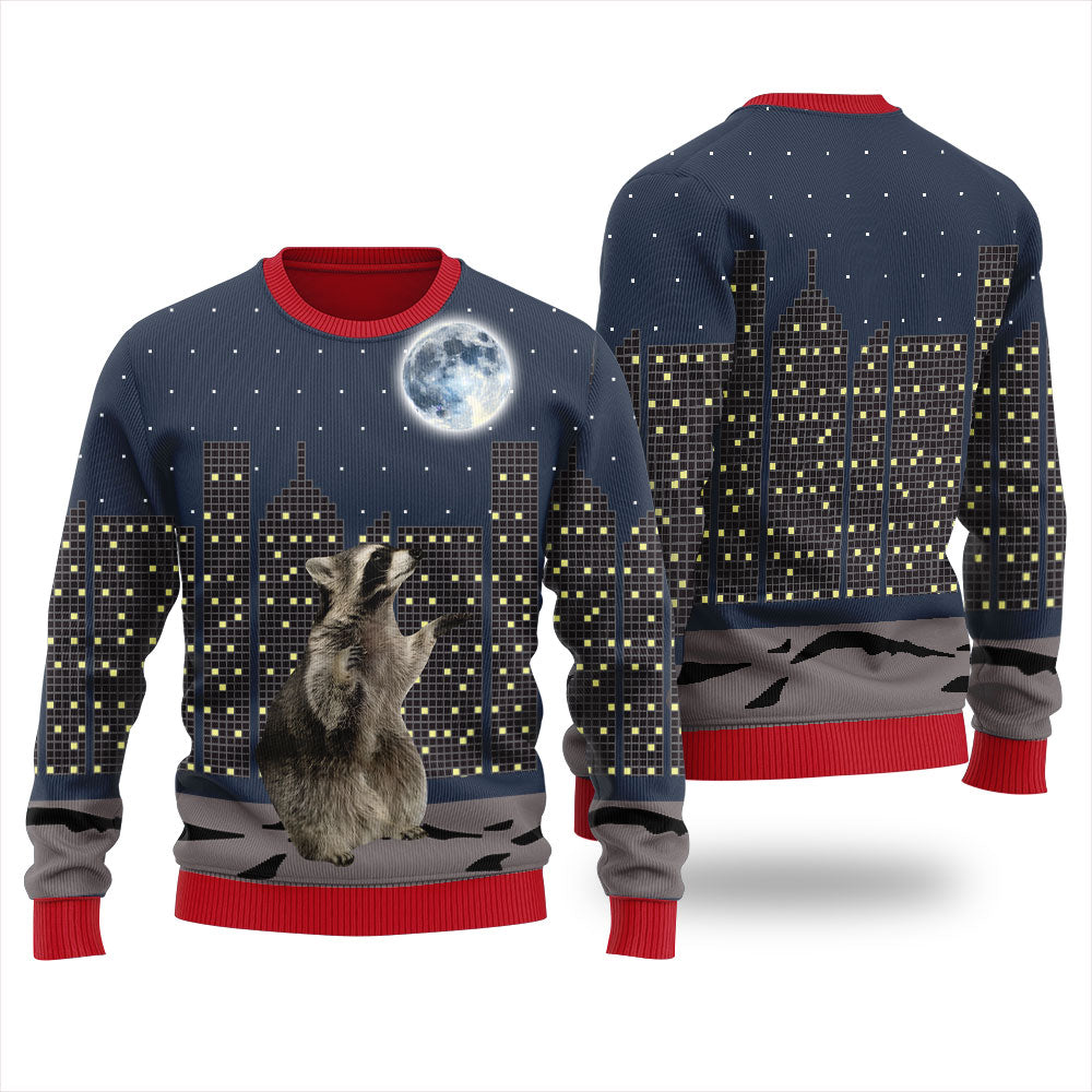 Raccoon Look At Moon Funny Christmas Sweater