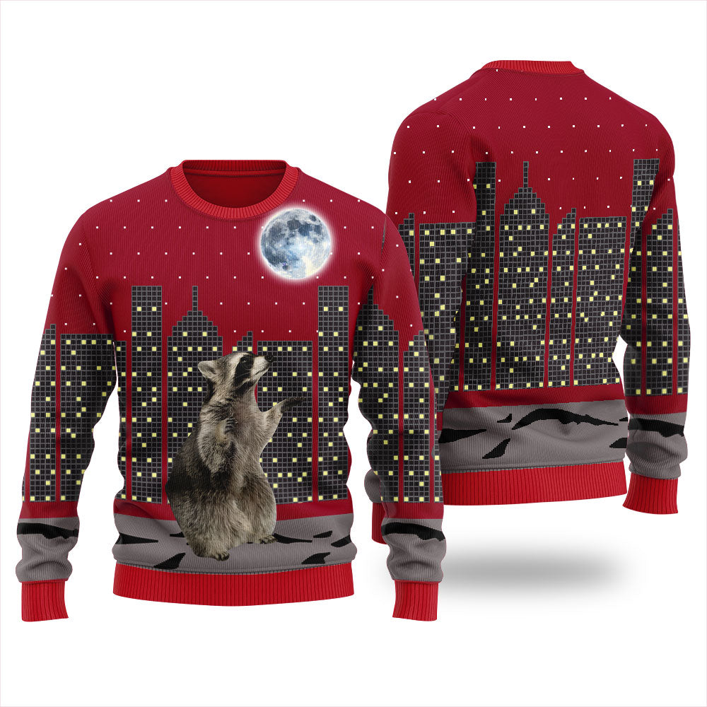 Raccoon Look At Moon Funny Christmas Sweater