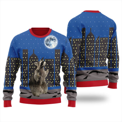 Raccoon Look At Moon Funny Christmas Sweater