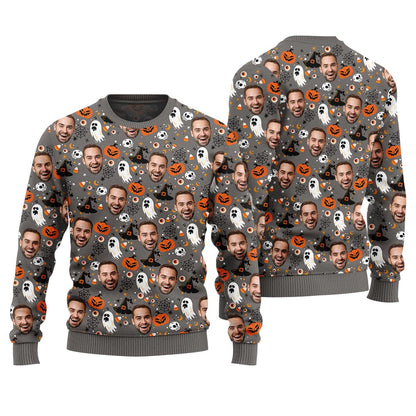 Customized Face Halloween Funny Ugly Sweater Grey